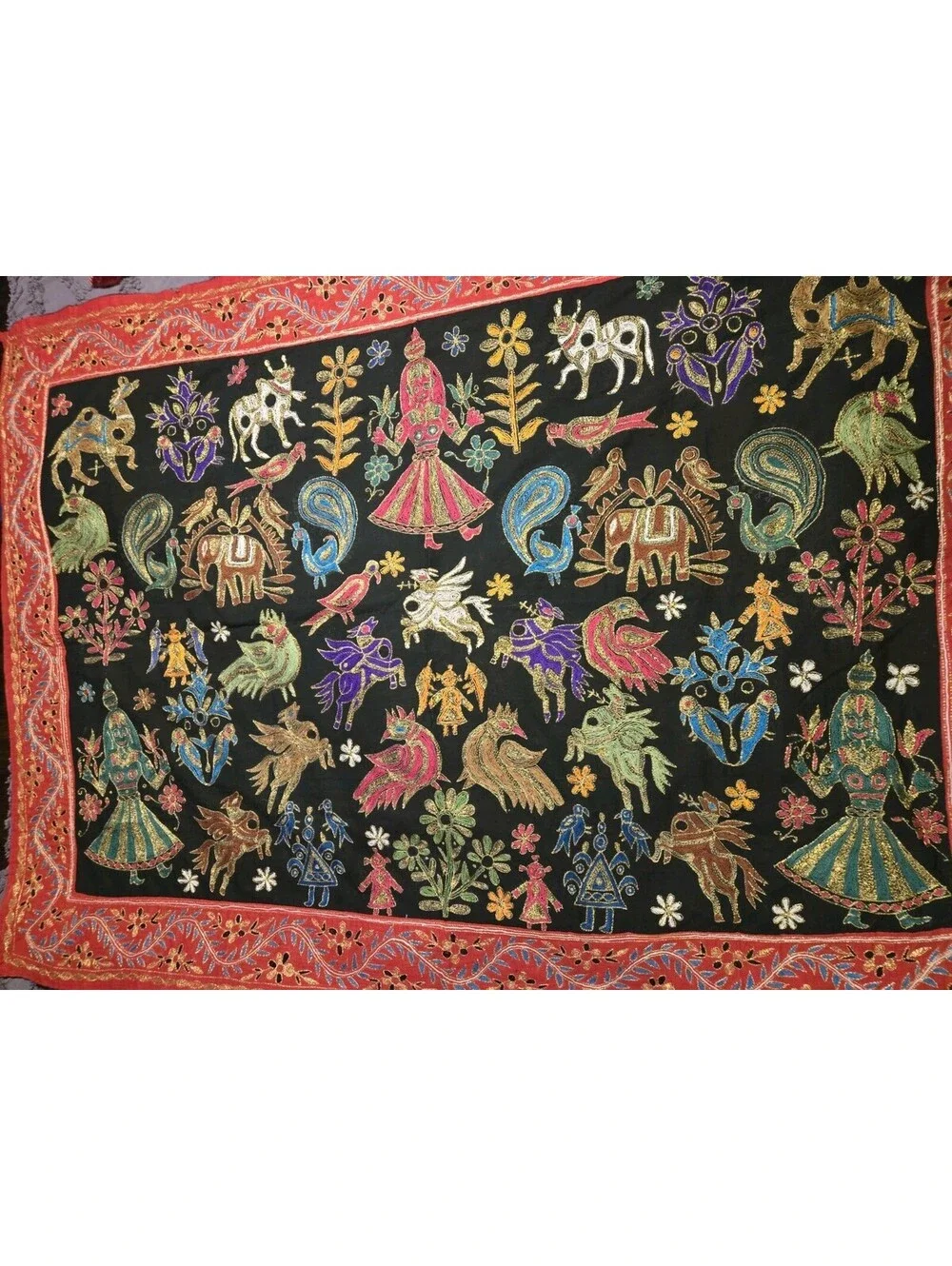 Vintage Gujarati Tapestry Kutch Embroidered Folk Art Wall Hanging Indian 57x42